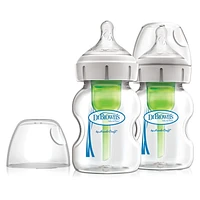 Dr. Brown’s Natural Flow Anti-Colic Options+ Wide-Neck Glass Baby Bottle 5oz/150mL, with Level 1 Slow Flow Nipple, 0m+, 2-Pack