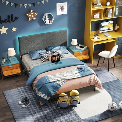 Homy Casa Set of 1 Kids' Bed with Upholstered Headboard and Wooden Slat Support for Bedroom