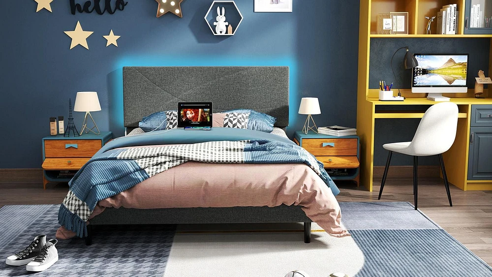 Homy Casa Set of 1 Kids' Bed with Upholstered Headboard and Wooden Slat Support for Bedroom