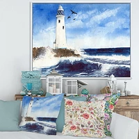 Designart Lighthouse On The Rocky Island With Seagulls FLOAT FRAME WALL ART