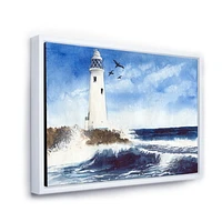 Designart Lighthouse On The Rocky Island With Seagulls FLOAT FRAME WALL ART