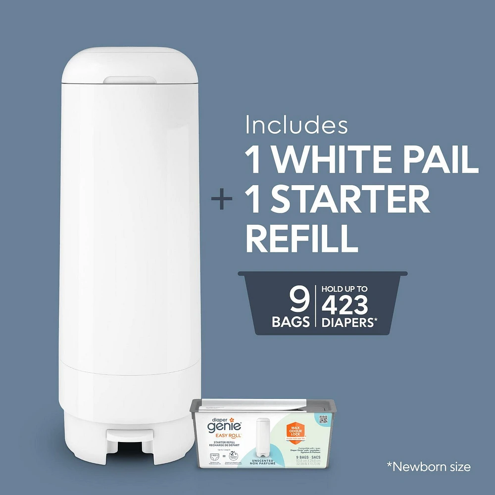Poubelle à couches Diaper Genie Signature, Blanc, comprend 1 recharge Easy Roll avec 9 sacs peut contenir jusqu'à 423 couches nouveau-nés