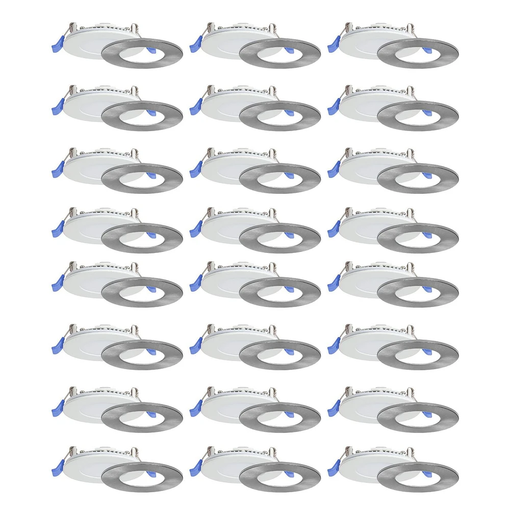 Nadair, 3’’ LED Recessed Ultra Slim Lights, 3000K (warm white), 24-Pack, IC Rated, Dimmable, 6W=50W, 450 Lumens, Quick Connect System, White Finish / Brushed nickel trim included