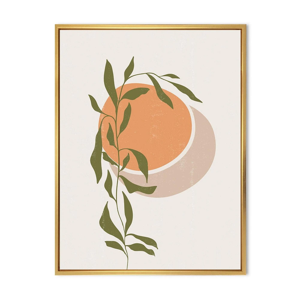 Designart Abstract Orange Sun and Moon With Tropical Leaf FLOAT FRAME WALL ART