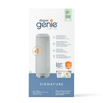 Diaper Genie Signature Pail - Grey, Includes 1 Easy Roll Refill with 9 Bags, holds up to 423 newborn diapers per refill.