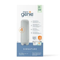 Diaper Genie Signature Pail - Grey, Includes 1 Easy Roll Refill with 9 Bags, holds up to 423 newborn diapers per refill.