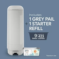 Diaper Genie Signature Pail - Grey, Includes 1 Easy Roll Refill with 9 Bags, holds up to 423 newborn diapers per refill.