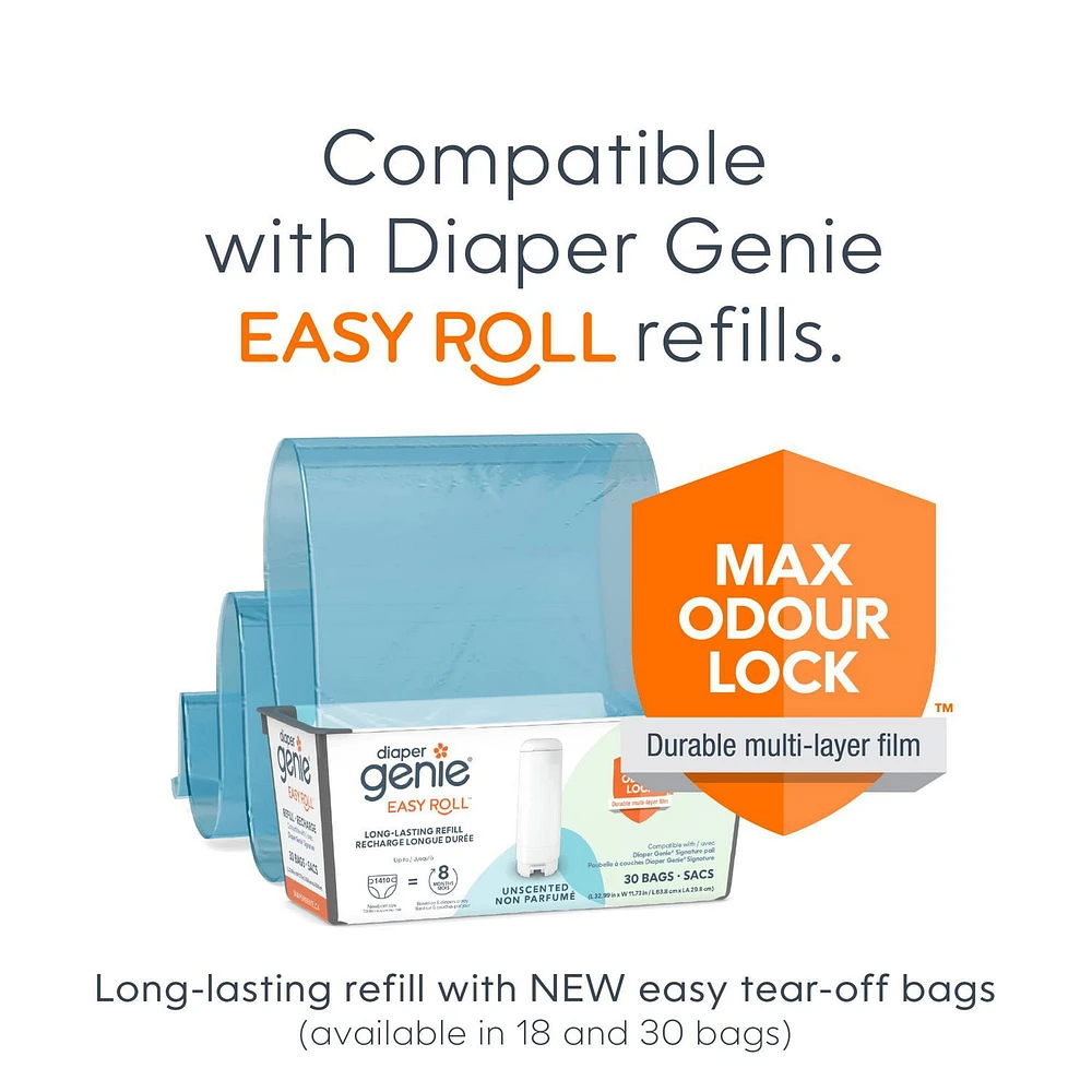 Diaper Genie Signature Pail - Grey, Includes 1 Easy Roll Refill with 9 Bags, holds up to 423 newborn diapers per refill.