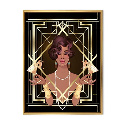 Designart Retro Women In Golden Art Deco Geometrics I FLOAT FRAME WALL ART