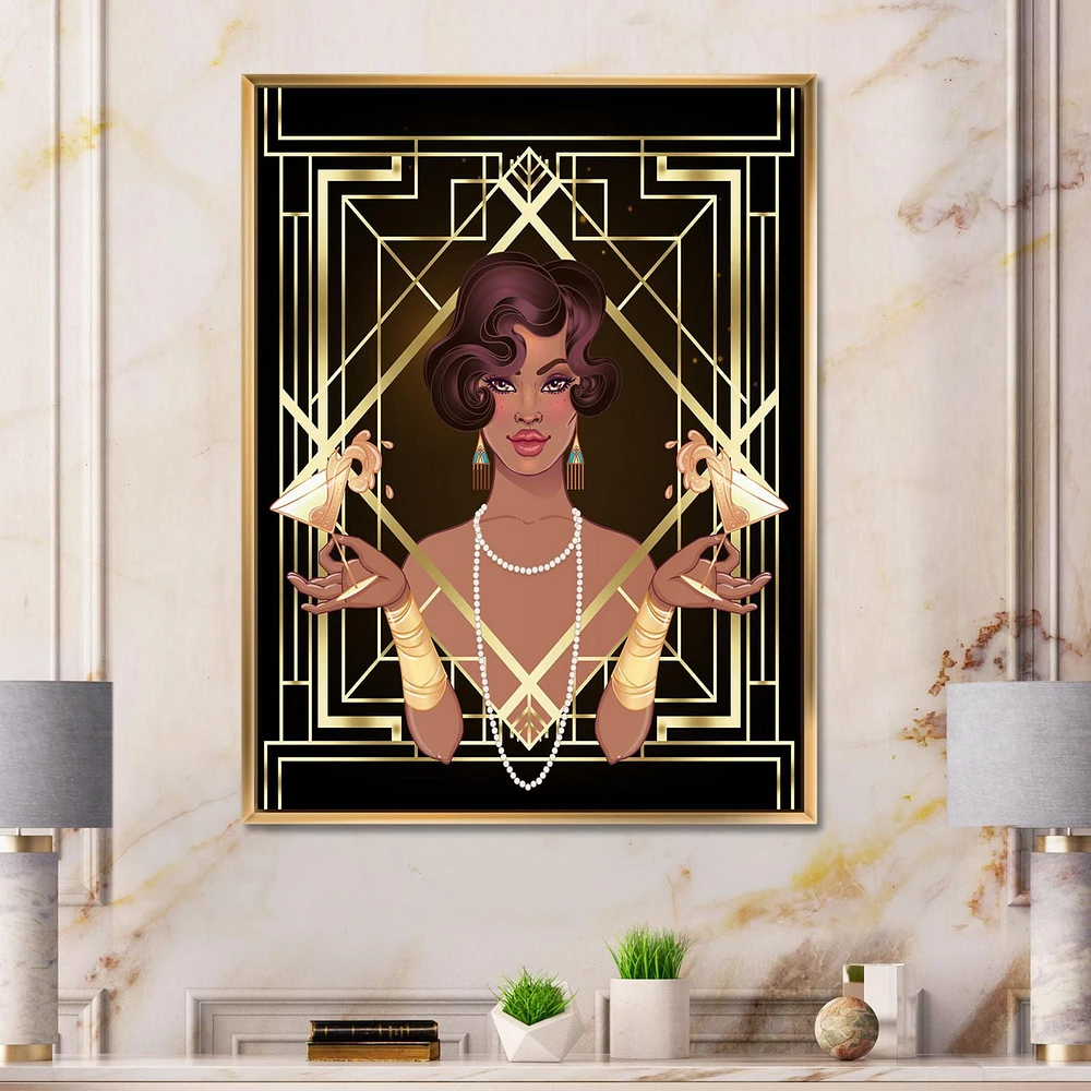 Designart Retro Women In Golden Art Deco Geometrics I FLOAT FRAME WALL ART