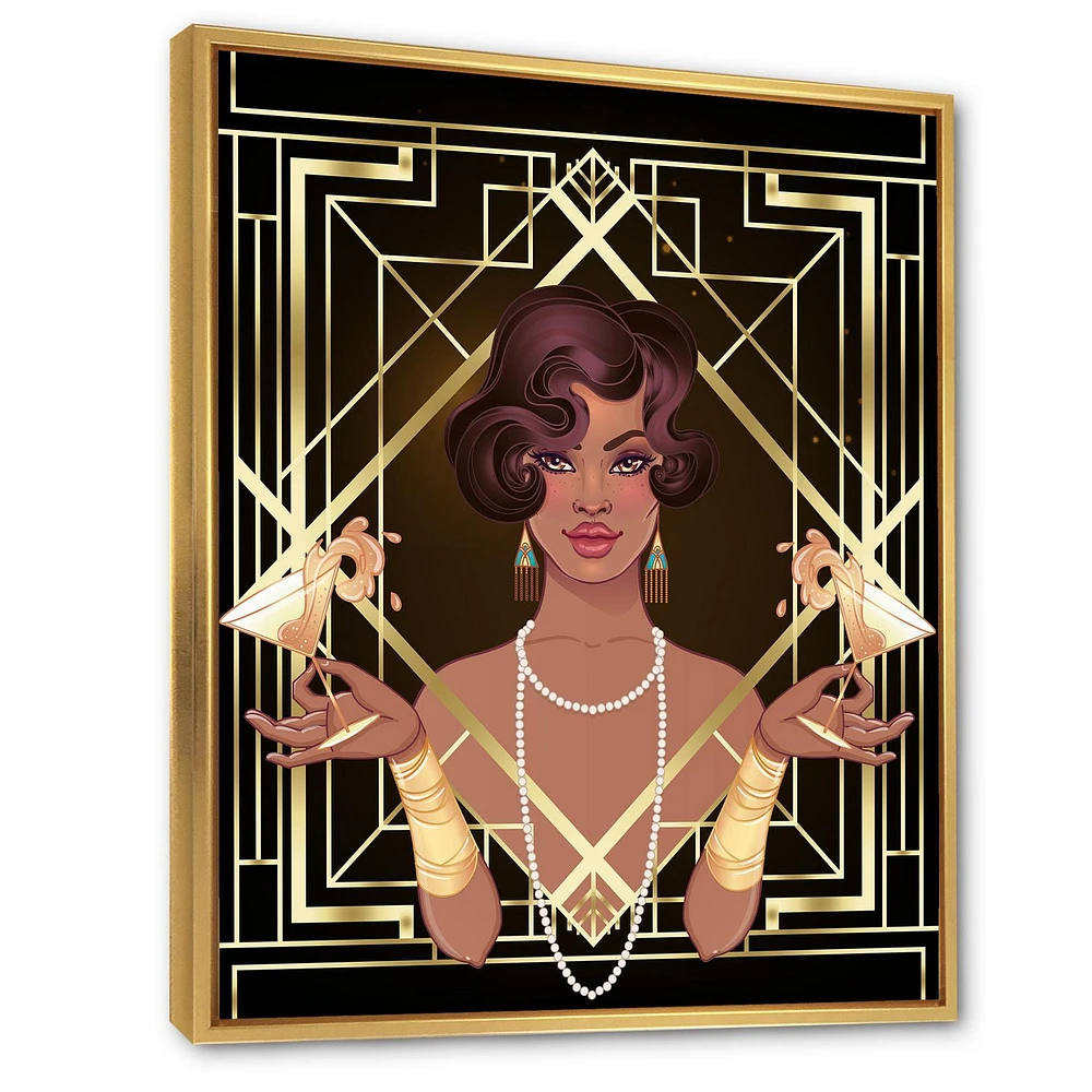 Designart Retro Women In Golden Art Deco Geometrics I FLOAT FRAME WALL ART