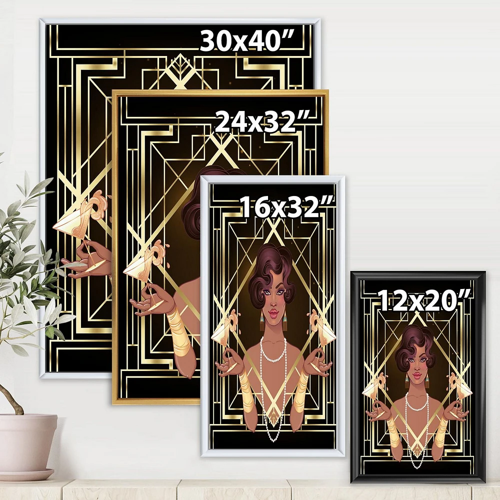 Designart Retro Women In Golden Art Deco Geometrics I FLOAT FRAME WALL ART