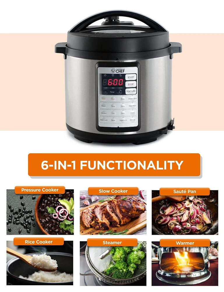 Commercial Chef Electric Pressure Cooker 6.3 Quarts, 24-Hour Preset Timer, Stainless Steel Interior with Safety Features