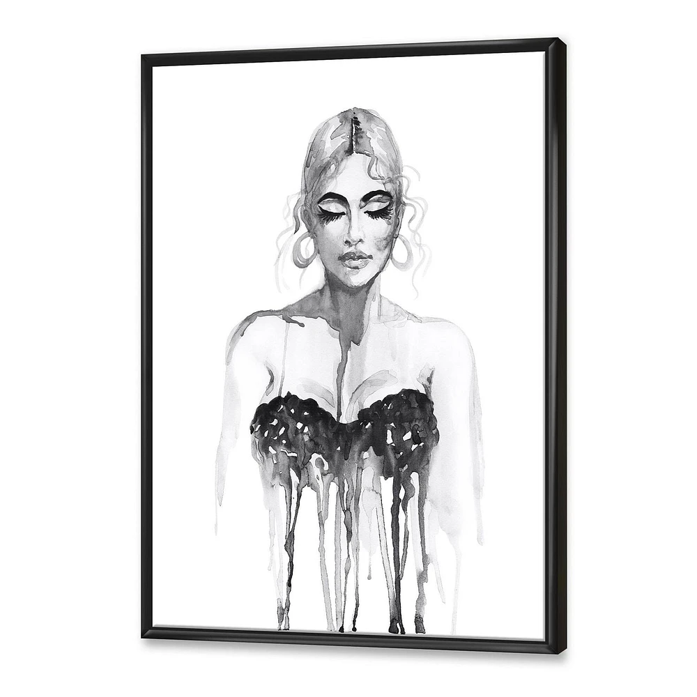 Designart Monochrome Portrait of Woman Wearing Evening Dress FLOAT FRAME WALL ART