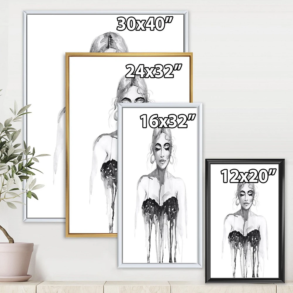 Designart Monochrome Portrait of Woman Wearing Evening Dress FLOAT FRAME WALL ART