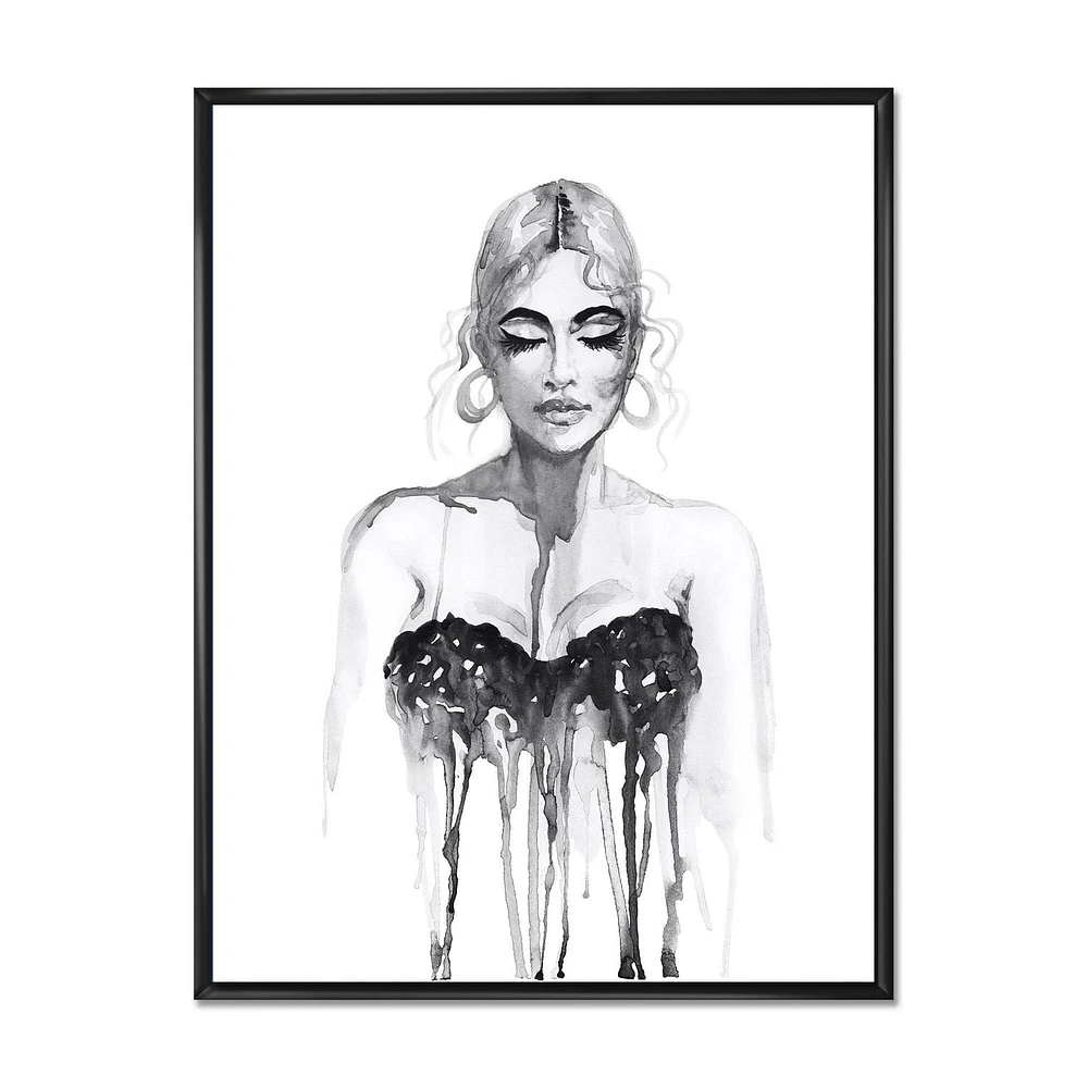 Designart Monochrome Portrait of Woman Wearing Evening Dress FLOAT FRAME WALL ART