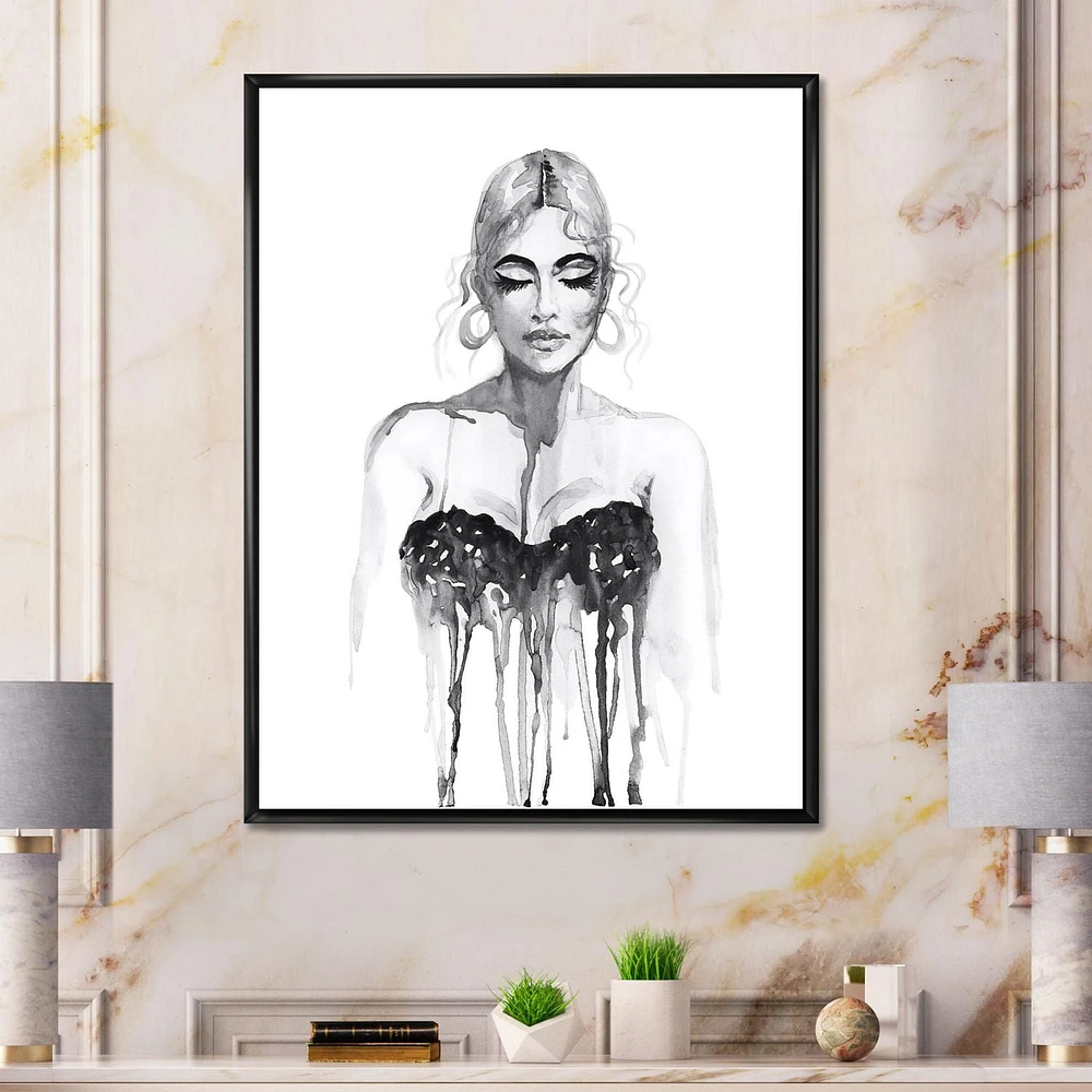 Designart Monochrome Portrait of Woman Wearing Evening Dress FLOAT FRAME WALL ART