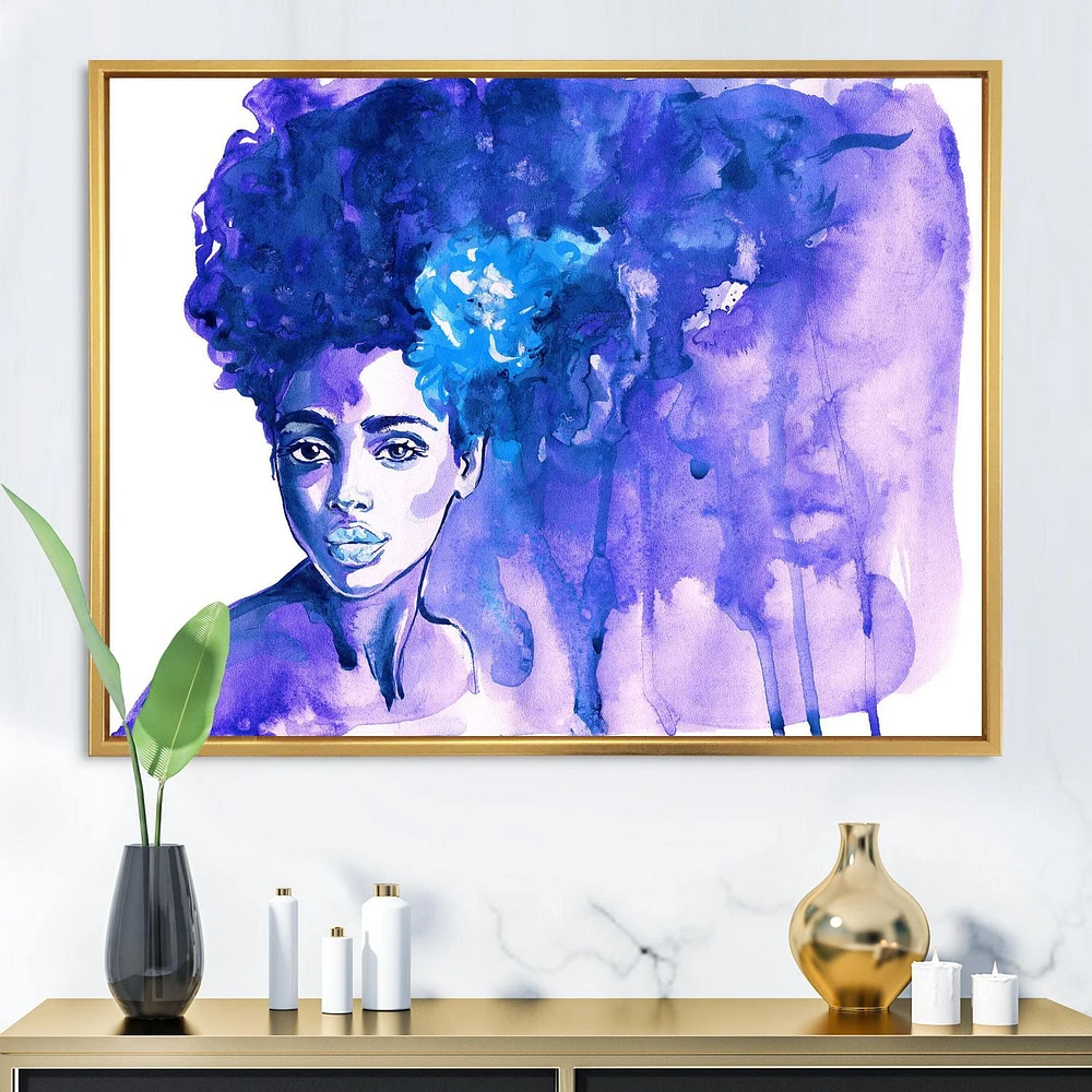 Designart Portrait bleu glorieux de femme afro-américaine ART MURAL À CADRE FLOTTÉ