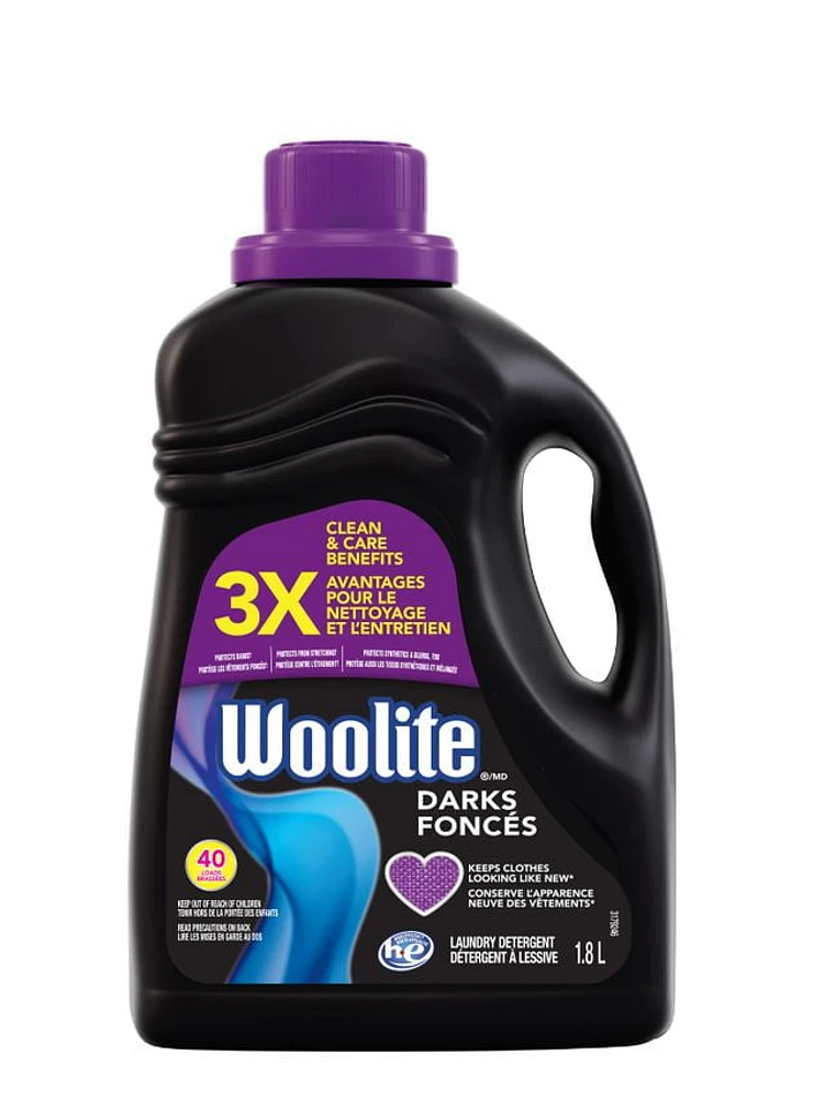 Woolite Foncés, Détergent à lessive, Paquet méga valeur, 1,8 L, Avec renouvellement de couleur - Les vêtements conservent une apparence neuve plus longtemps 1 unité 1,8 L / 40 brassées