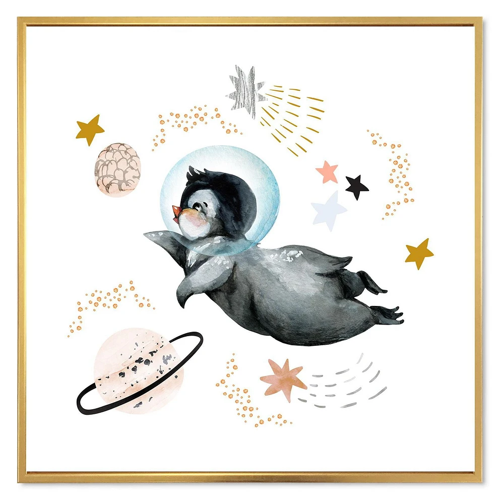 Designart Little Penguin Flying Stars and Planets II FLOAT FRAME WALL ART