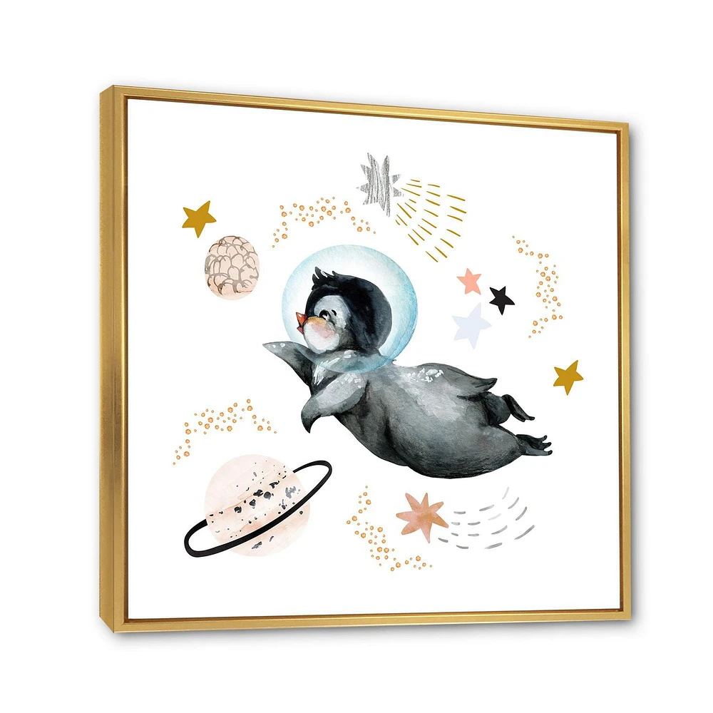 Designart Little Penguin Flying Stars and Planets II FLOAT FRAME WALL ART