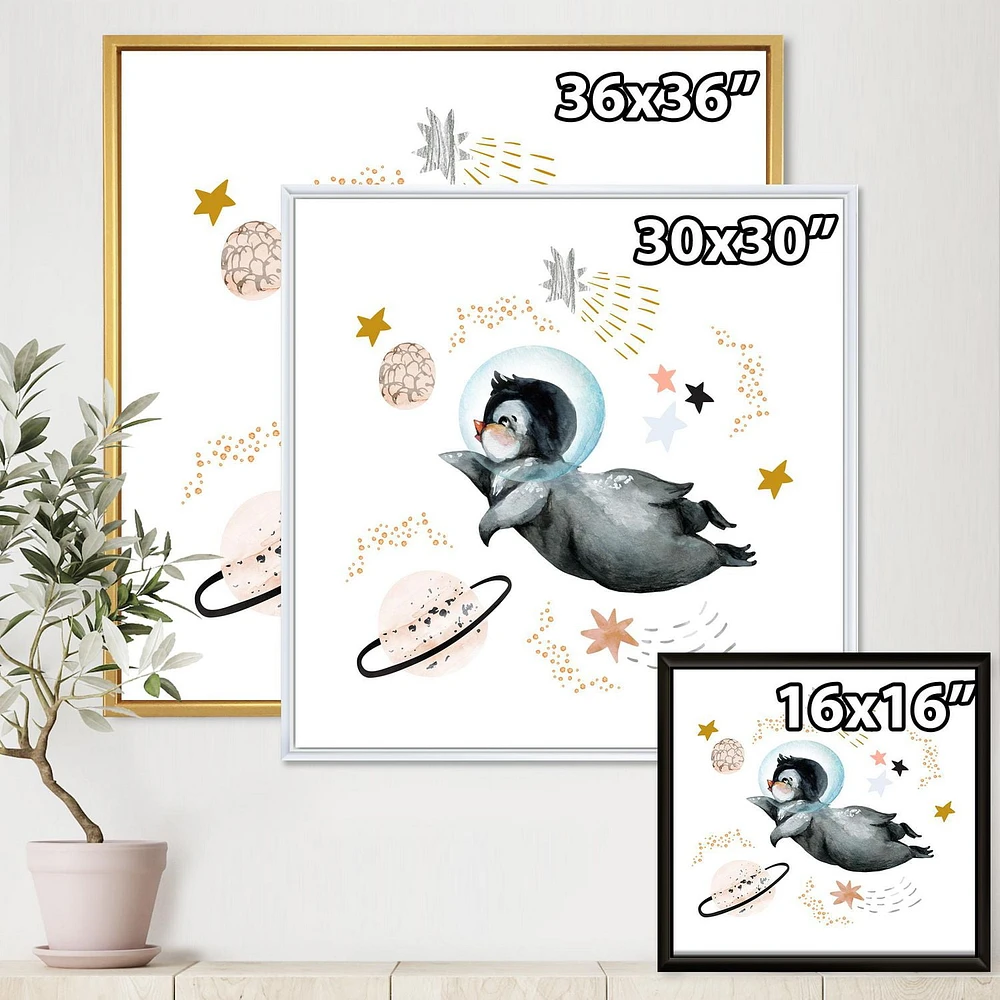 Designart Little Penguin Flying Stars and Planets II FLOAT FRAME WALL ART