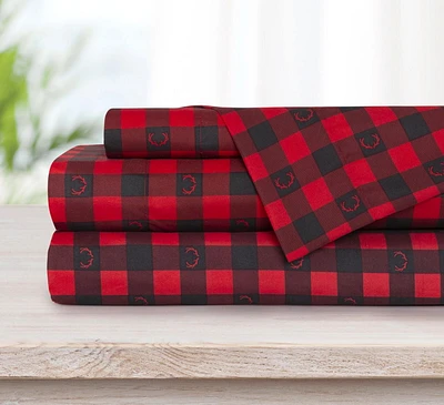 Safdie & Co. Sheet Set 4PC K Printed Buffalo Plaid With Deer Antlers