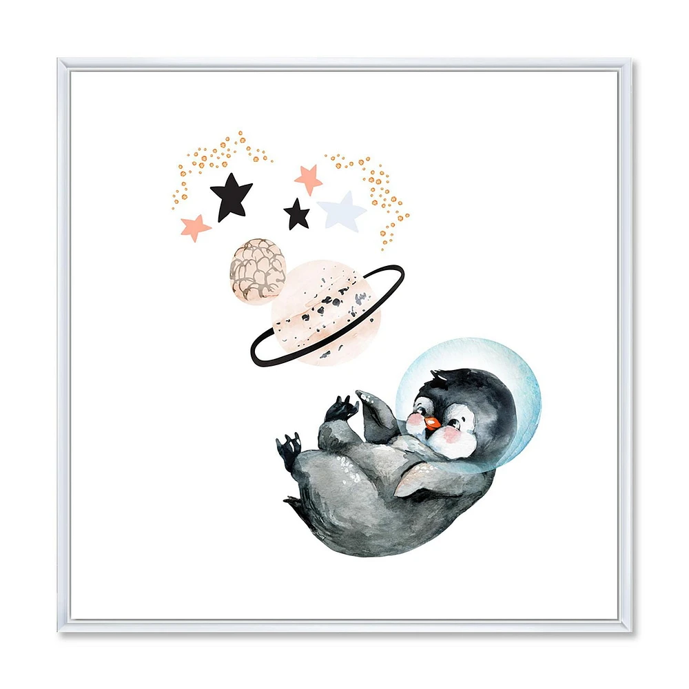 Designart Little Penguin With Stars and Planets I FLOAT FRAME WALL ART