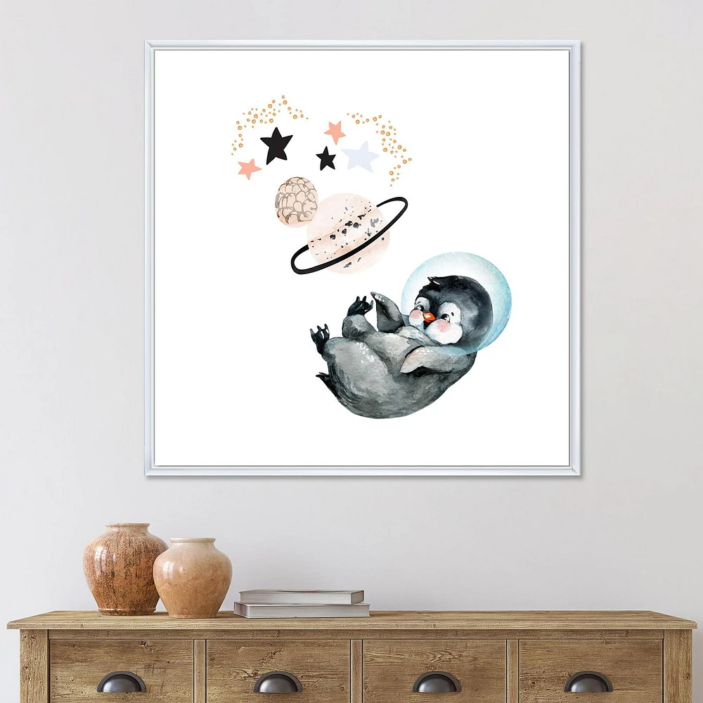 Designart Little Penguin With Stars and Planets I FLOAT FRAME WALL ART