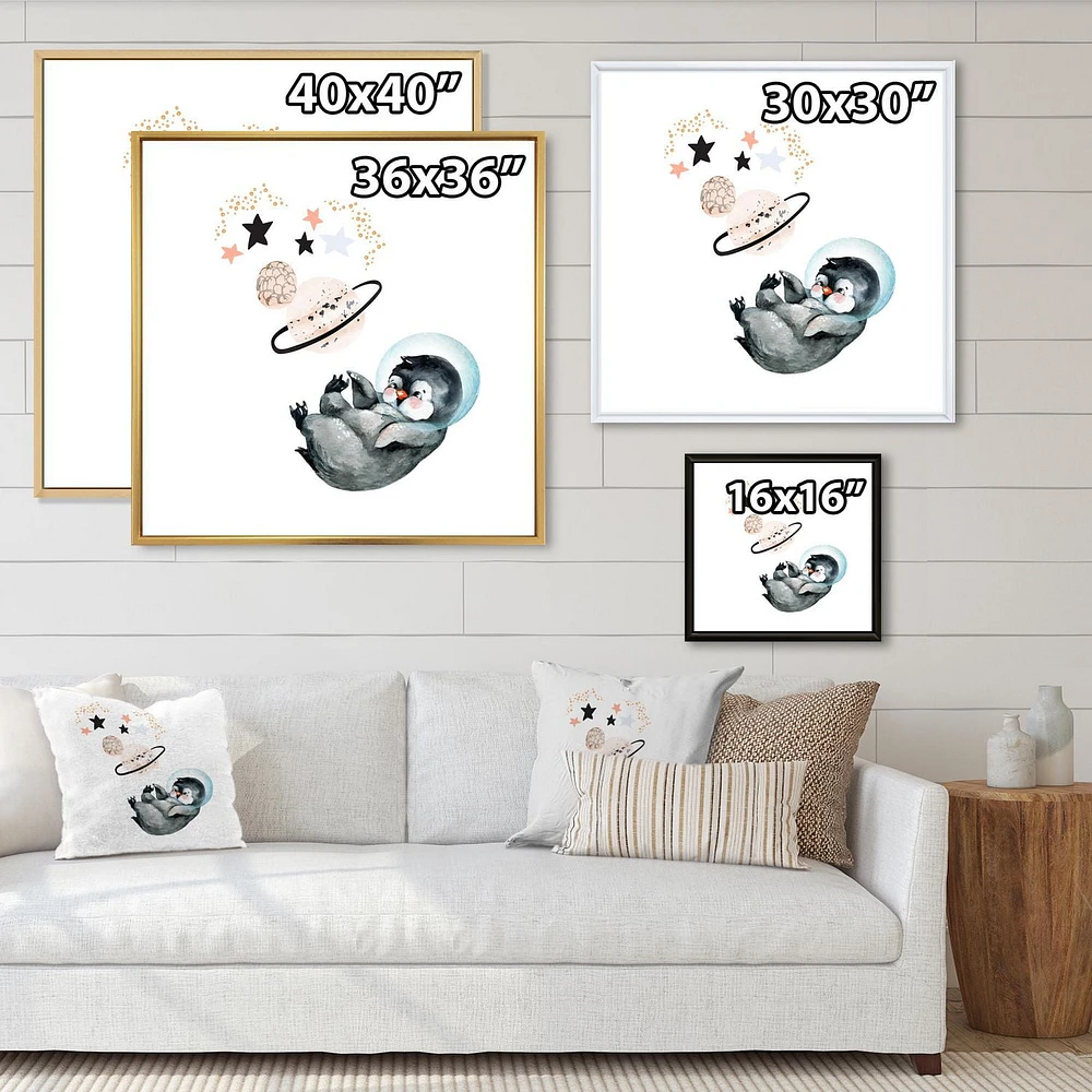 Designart Little Penguin With Stars and Planets I FLOAT FRAME WALL ART