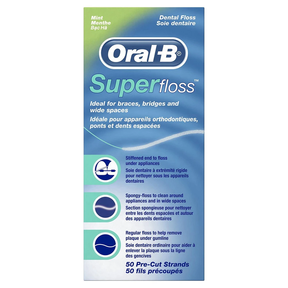 Oral-B Super Floss Pre-Cut Strands Dental Floss, Mint, 50 Strands