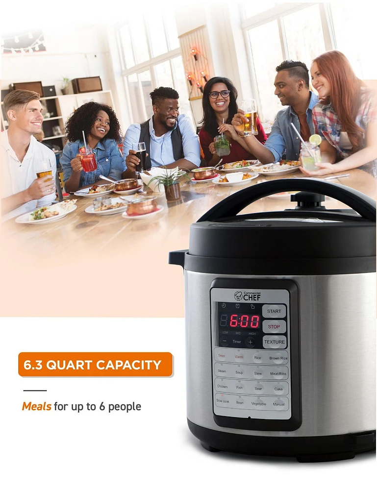 Commercial Chef Electric Pressure Cooker 6.3 Quarts, 24-Hour Preset Timer, Stainless Steel Interior with Safety Features