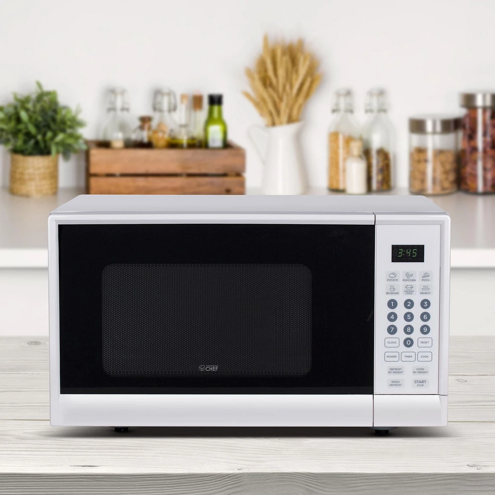 COMMERCIAL CHEF 0.9 Cu Ft Microwave with 10 Power Levels, Push Button and Child Lock, 900 Watt Microwave with Digital Controls, Countertop Microwave with Timer and Quick-Touch Menu, White