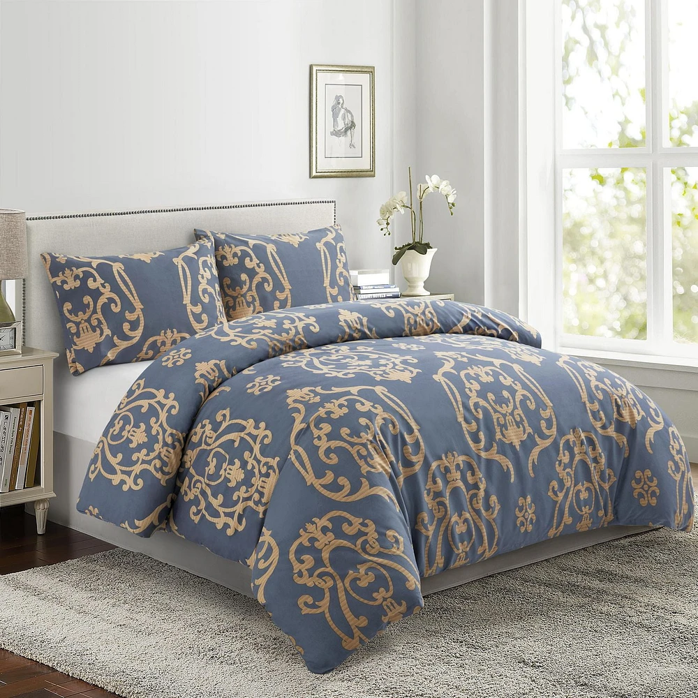 Marina Decoration Soft Silky Rich Printed Rayon from Bamboo All Season Duvet Cover Fitted Sheet Ensemble Bedding Set with Zipper and Corner Tie, Gold Damask Navy Blue Pattern