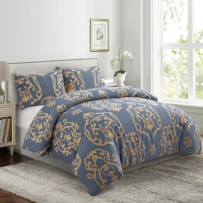 Marina Decoration Soft Silky Rich Printed Rayon from Bamboo All Season Duvet Cover Fitted Sheet Ensemble Bedding Set with Zipper and Corner Tie, Gold Damask Navy Blue Pattern