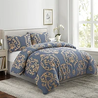 Marina Decoration Soft Silky Rich Printed Rayon from Bamboo All Season Duvet Cover Fitted Sheet Ensemble Bedding Set with Zipper and Corner Tie, Gold Damask Navy Blue Pattern