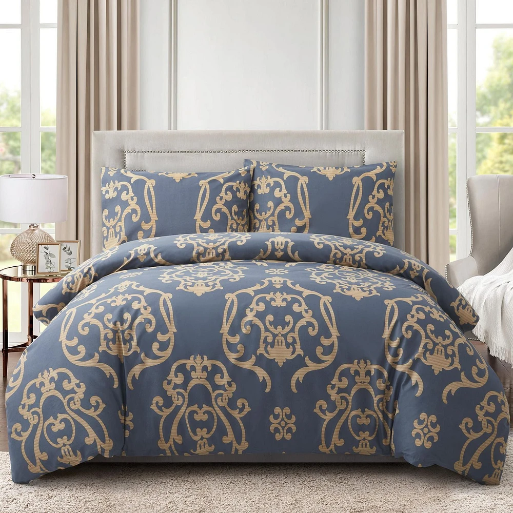 Marina Decoration Soft Silky Rich Printed Rayon from Bamboo All Season Duvet Cover Fitted Sheet Ensemble Bedding Set with Zipper and Corner Tie, Gold Damask Navy Blue Pattern