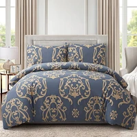 Marina Decoration Soft Silky Rich Printed Rayon from Bamboo All Season Duvet Cover Fitted Sheet Ensemble Bedding Set with Zipper and Corner Tie, Gold Damask Navy Blue Pattern