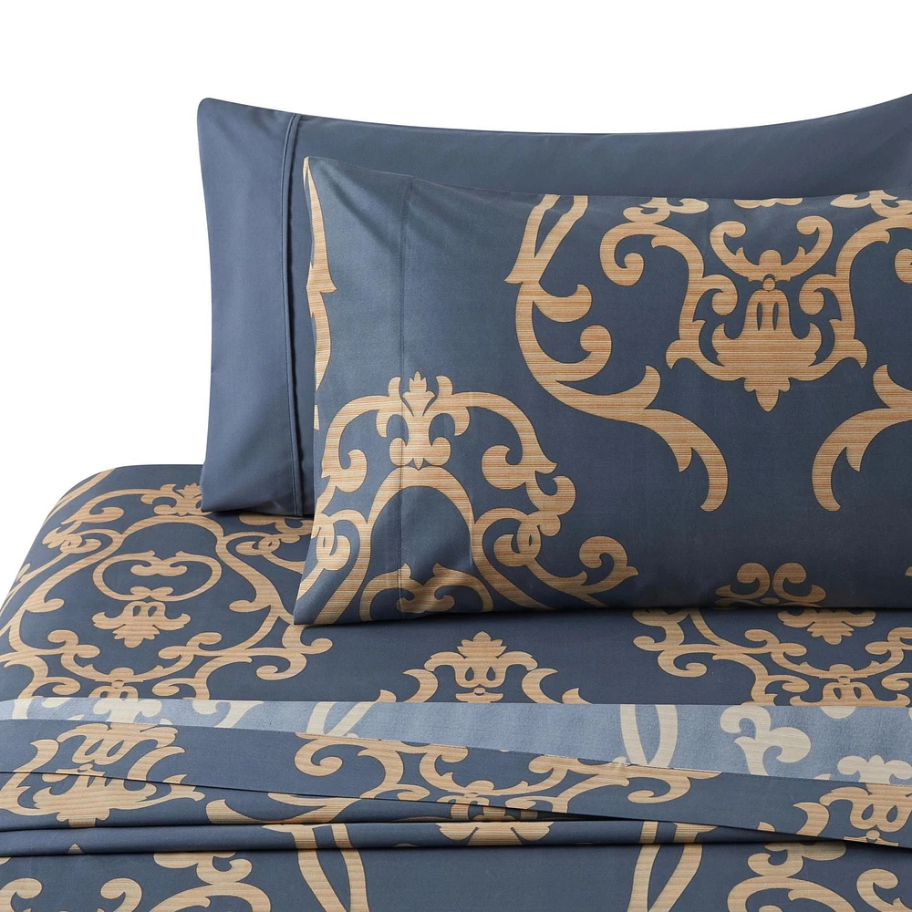 Marina Decoration Soft Silky Rich Printed Rayon from Bamboo All Season Duvet Cover Fitted Sheet Ensemble Bedding Set with Zipper and Corner Tie, Gold Damask Navy Blue Pattern