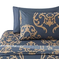 Marina Decoration Soft Silky Rich Printed Rayon from Bamboo All Season Duvet Cover Fitted Sheet Ensemble Bedding Set with Zipper and Corner Tie, Gold Damask Navy Blue Pattern