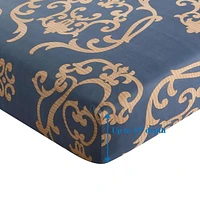 Marina Decoration Soft Silky Rich Printed Rayon from Bamboo All Season Duvet Cover Fitted Sheet Ensemble Bedding Set with Zipper and Corner Tie, Gold Damask Navy Blue Pattern
