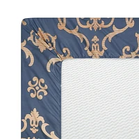 Marina Decoration Soft Silky Rich Printed Rayon from Bamboo All Season Duvet Cover Fitted Sheet Ensemble Bedding Set with Zipper and Corner Tie, Gold Damask Navy Blue Pattern