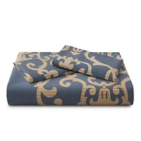 Marina Decoration Soft Silky Rich Printed Rayon from Bamboo All Season Duvet Cover Fitted Sheet Ensemble Bedding Set with Zipper and Corner Tie, Gold Damask Navy Blue Pattern