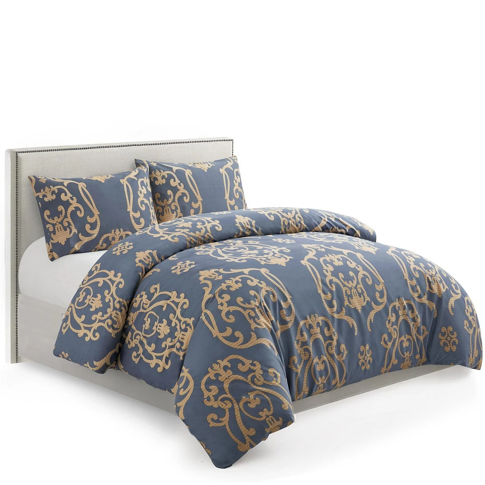 Marina Decoration Soft Silky Rich Printed Rayon from Bamboo All Season Duvet Cover Fitted Sheet Ensemble Bedding Set with Zipper and Corner Tie, Gold Damask Navy Blue Pattern