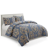 Marina Decoration Soft Silky Rich Printed Rayon from Bamboo All Season Duvet Cover Fitted Sheet Ensemble Bedding Set with Zipper and Corner Tie, Gold Damask Navy Blue Pattern