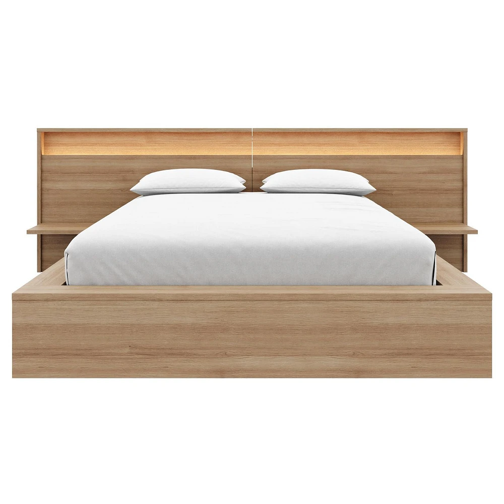 Luna Bedroom Set with Slatted Bedframe, Wide Headboard with Lights and Shelves
