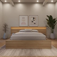 Luna Bedroom Set with Slatted Bedframe, Wide Headboard with Lights and Shelves