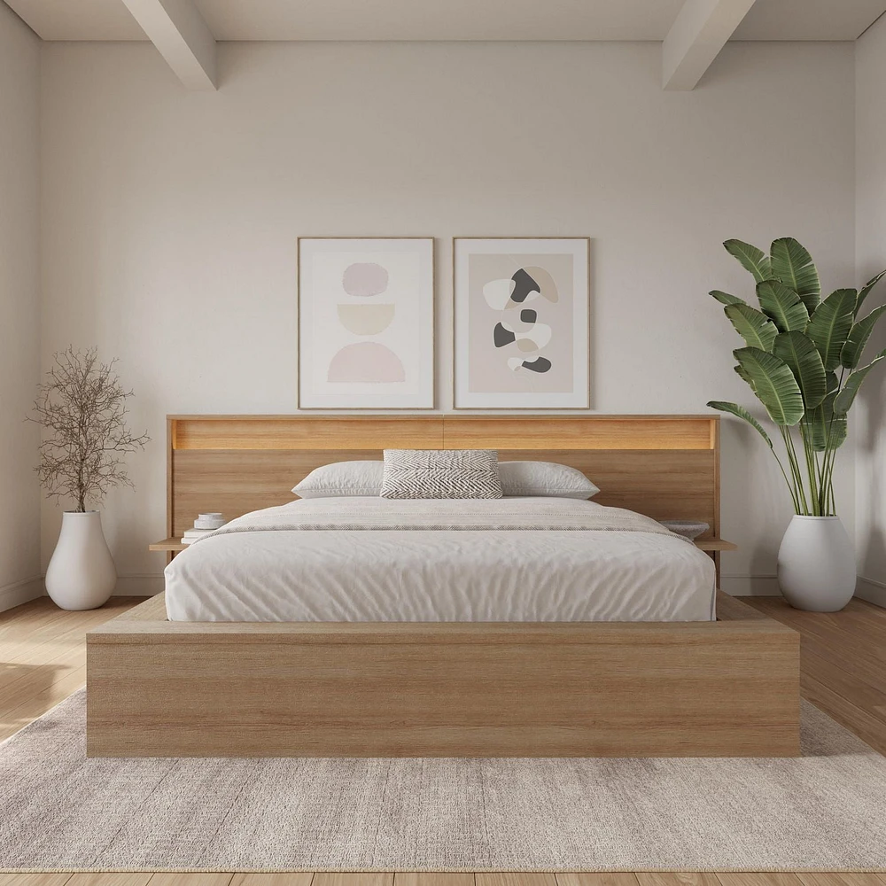 Luna Bedroom Set with Slatted Bedframe, Wide Headboard with Lights and Shelves