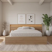 Luna Bedroom Set with Slatted Bedframe, Wide Headboard with Lights and Shelves