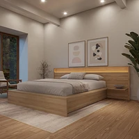 Luna Bedroom Set with Slatted Bedframe, Wide Headboard with Lights and Shelves